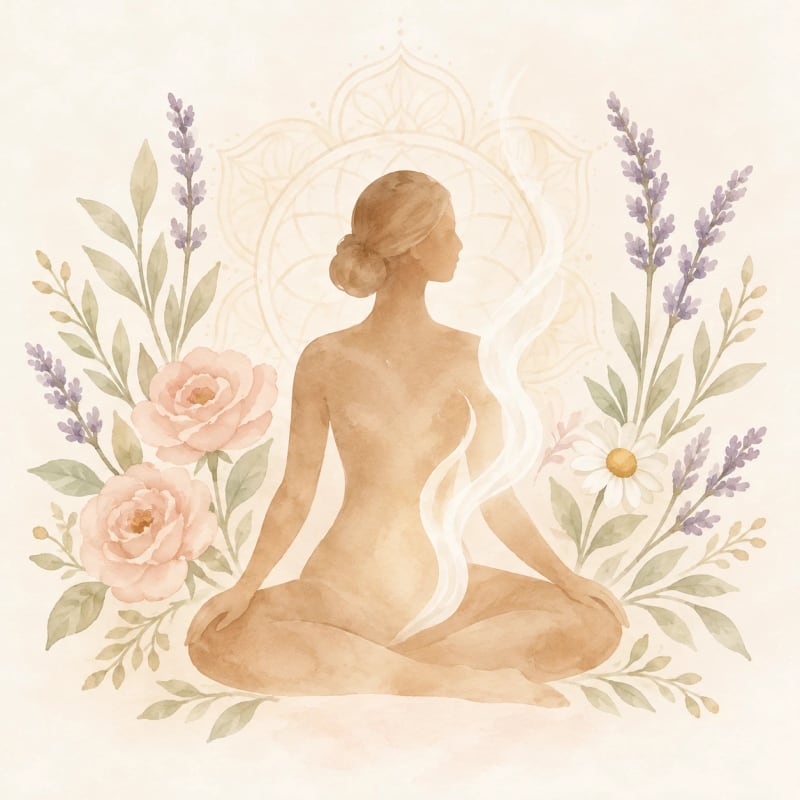 Aquarell-Illustration: meditierende Frau mit Heilkräutern und aufsteigendem Dampf